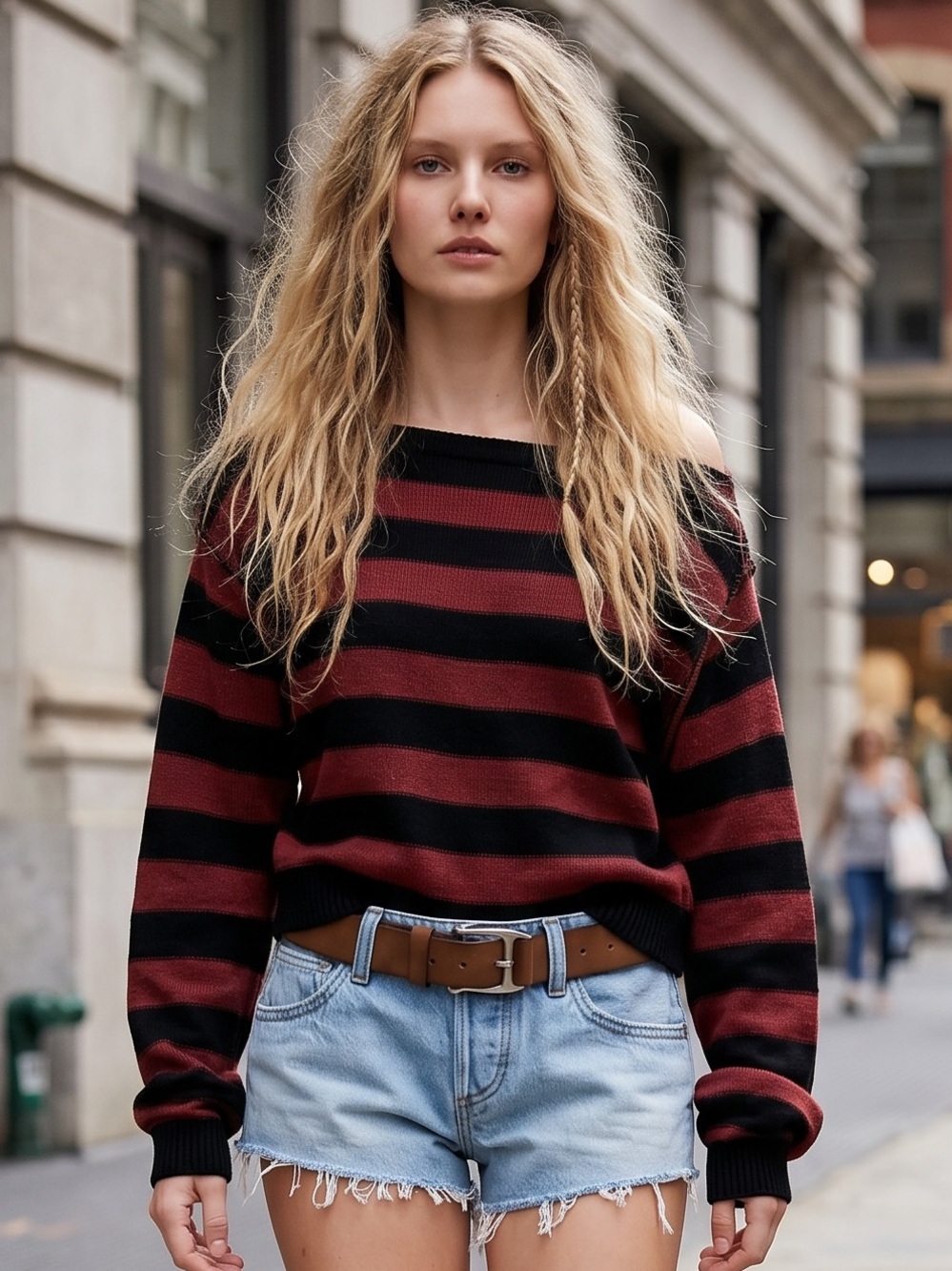 Free People Boxy Boat Neck Into The Blue Pullover Sweater Brown Stripes Large